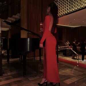 Commense Ruched Open Back Long Sleeve Maxi Dress